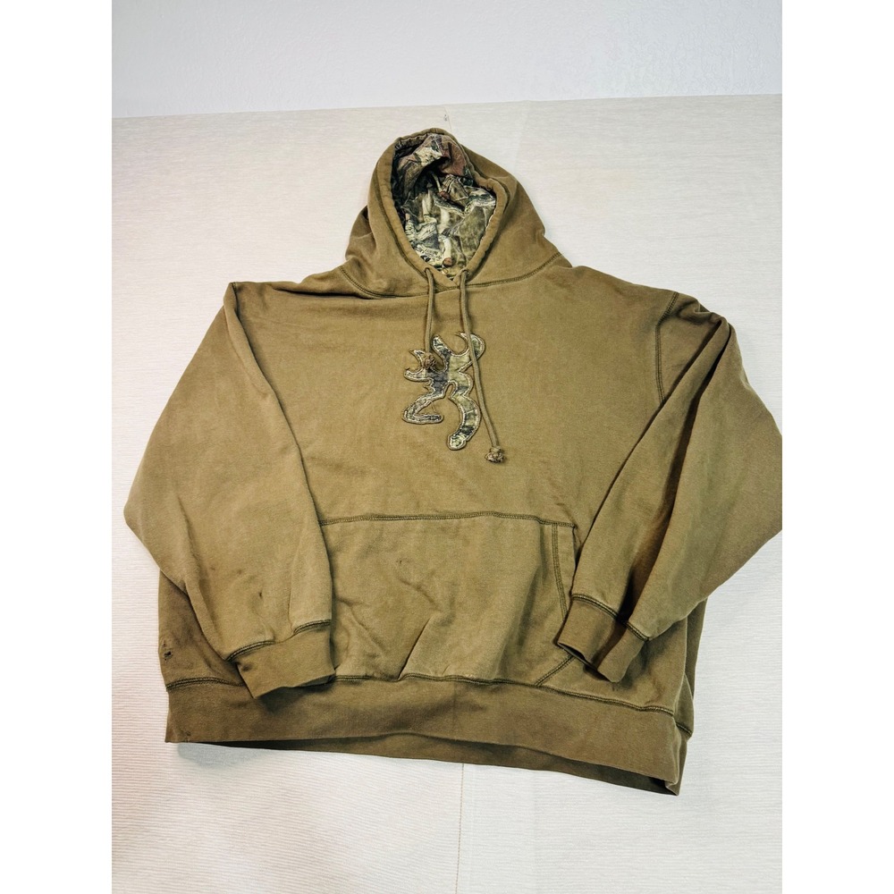 Browning Mens XXL Camo Buckmark Logo Hoodie Faded Olive Brown Sweatshirt